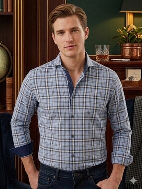 Emanuel Berg Men's Large Light Blue Plaid Casual Button-Down Shirt